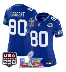 Women's Seattle Seahawks #80 Steve Largent Royal 2025 F.U.S.E. Super Bowl LX And 50th Season & USA 250 Vapor Throwback Limited Stitched Football Je Jersey