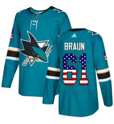 Men's Adidas San Jose Sharks #61 Justin Braun Authentic Teal Green USA Flag Fashion NHL Jersey