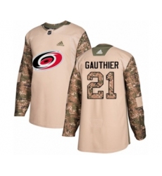 Youth Adidas Carolina Hurricanes #21 Julien Gauthier Authentic Camo Veterans Day Practice NHL Jersey