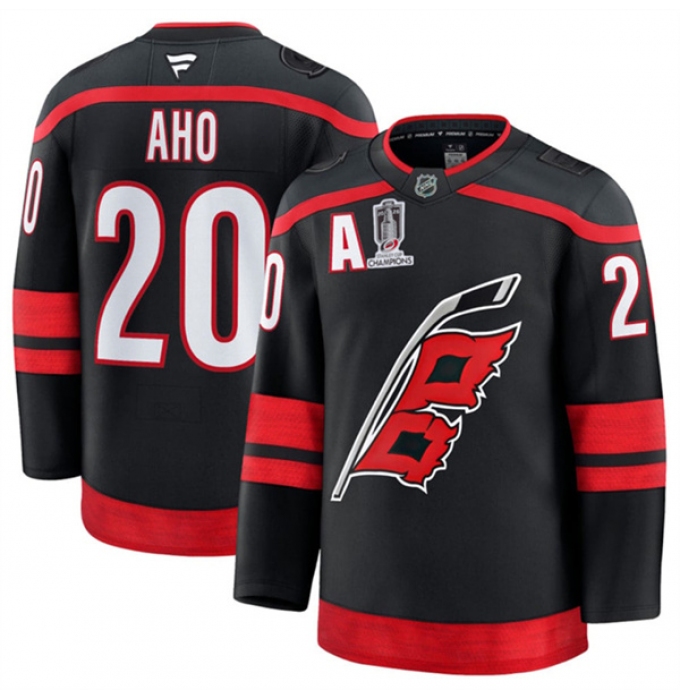 Men's Carolina Hurricanes #20 Sebastian Aho Black 2026 Stanley Cup Champions And A Home Stitched Hockey Jersey