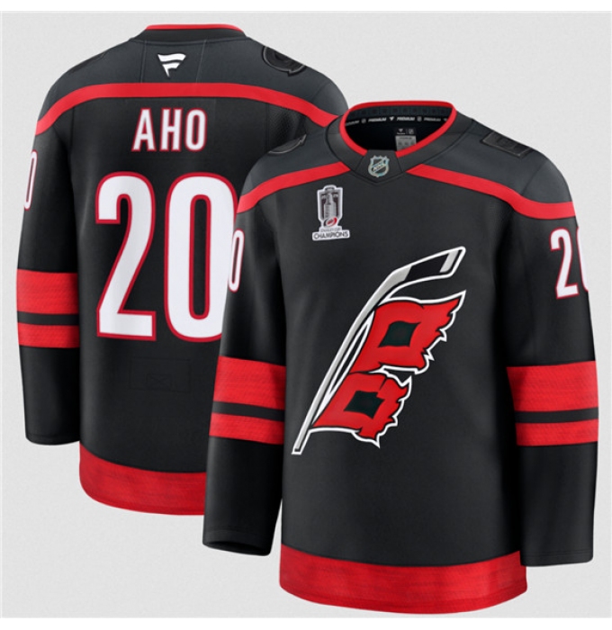 Men's Carolina Hurricanes #20 Sebastian Aho Black 2026 Stanley Cup Champions Home Stitched Jersey
