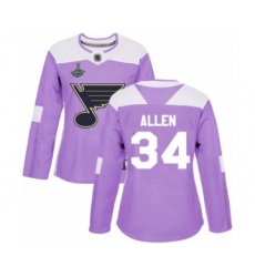 Women's St. Louis Blues #34 Jake Allen Authentic Purple Fights Cancer Practice 2019 Stanley Cup Champions Hockey Jersey
