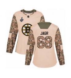 Women's Boston Bruins #68 Jaromir Jagr Authentic Camo Veterans Day Practice 2019 Stanley Cup Final Bound Hockey Jersey