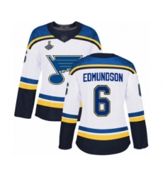 Women's St. Louis Blues #6 Joel Edmundson Authentic White Away 2019 Stanley Cup Champions Hockey Jersey