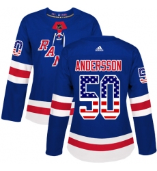 Women's Adidas New York Rangers #50 Lias Andersson Authentic Royal Blue USA Flag Fashion NHL Jersey