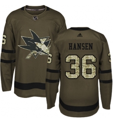 Men's Adidas San Jose Sharks #36 Jannik Hansen Authentic Green Salute to Service NHL Jersey