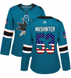 Women's Adidas San Jose Sharks #53 Brandon Mashinter Authentic Teal Green USA Flag Fashion NHL Jersey