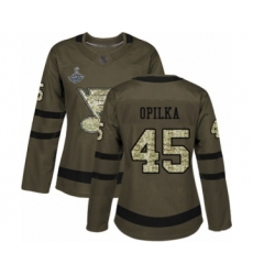 Women's St. Louis Blues #45 Luke Opilka Authentic Green Salute to Service 2019 Stanley Cup Champions Hockey Jersey