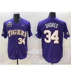 Men's LSU Tigers #34 Chase Shores Purple 2025 World Series & SEC Patch Stitched Baseball Jersey