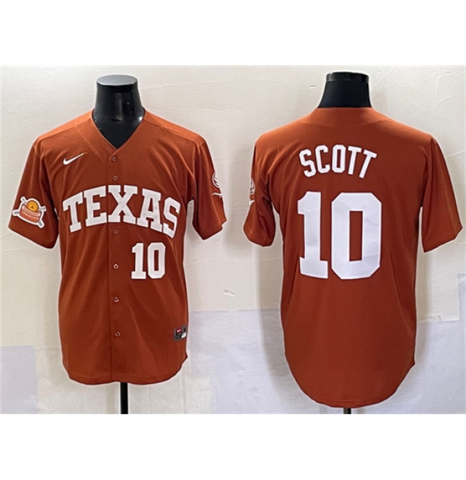 Men's Texas Longhorns #10 Mia Scott Orange 2025 Softball National Champions & SEC Patch Stitched Jersey