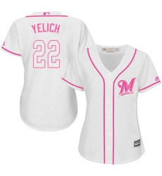 Women's Milwaukee Brewers #22 Christian Yelich White Pink Fashion Stitched MLB Jersey