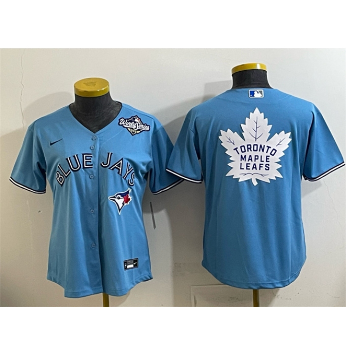 Women's Toronto Blue Jays & Leafs Blue 2025 World Series With White Leafs Logo Cool Base Stitched Baseball Jersey(Run Small)