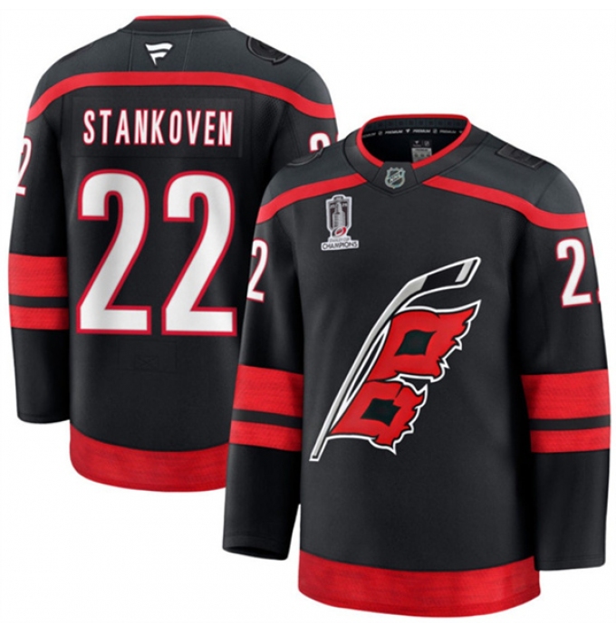 Men's Carolina Hurricanes #22 Logan Stankoven Black 2026 Stanley Cup Champions Home Stitched Hockey Jersey