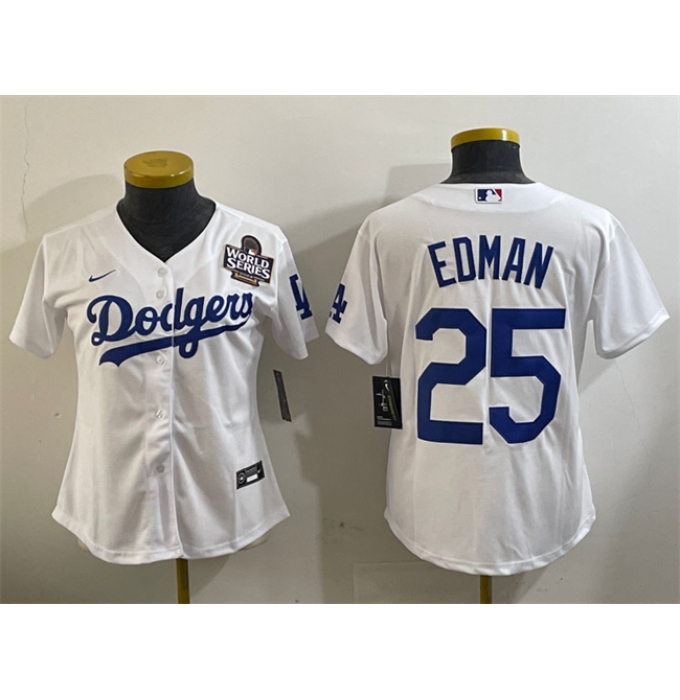 Women's Los Angeles Dodgers #25 Tommy Edman White 2024 World Series Cool Base Stitched Baseball Jersey(Run Small)