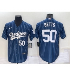 Men's Los Angeles Dodgers #50 Mookie Betts Number Navy Blue Pinstripe Stitched MLB Cool Base Nike Jersey