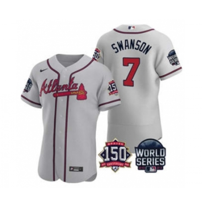 Men's Atlanta Braves #7 Dansby Swanson 2021 Gray World Series Flex Base With 150th Anniversary Patch Baseball Jersey