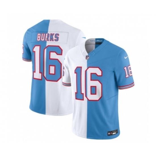 Men's Nike Tennessee Titans #16 Treylon Burks White Blue 2023 F.U.S.E. Split Vapor Limited Throwback Football Stitched Jersey Men's Nike Tennessee Titans #16 Treylon Burks White Blue 2023 F.U.S.E. Split Vapor Limited Throwback Football Stitched Jersey