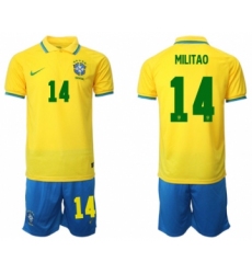 Men's Brazil #14 Militao Yellow Home Soccer Jersey Suit