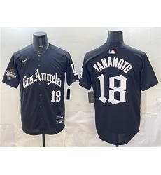 Men's Los Angeles Dodgers #18 Yoshinobu Yamamoto Black LA Gothic Style With 2025 World Series Champions Limited Stitched Baseball Jersey