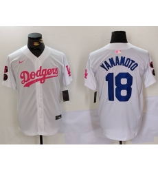 Men's Los Angeles Dodgers #18 Yoshinobu Yamamoto White Pink Vin & Kobe Stitched Baseball Jersey