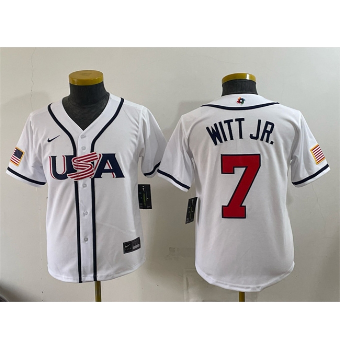 Youth USA Baseball #7 Bobby Witt Jr. White 2026 World Baseball Classic Home Stadium Stitched Baseball Jersey
