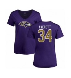 Football Women's Baltimore Ravens #34 Anthony Averett Purple Name & Number Logo T-Shirt