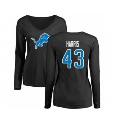 Football Women's Detroit Lions #43 Will Harris Black Name & Number Logo Long Sleeve T-Shirt
