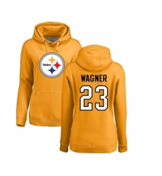 Football Women's Pittsburgh Steelers #23 Mike Wagner Gold Name & Number Logo Pullover Hoodie