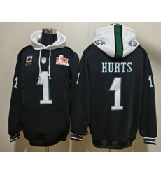 Men's Philadelphia Eagles #1 Jalen Hurts Black Super Bowl LIX Pullover Hoodie