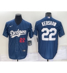 Men's Los Angeles Dodgers #22 Clayton Kershaw Number Red Navy Blue Pinstripe Stitched MLB Cool Base Nike Jersey