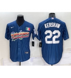 Men's Los Angeles Dodgers #22 Clayton Kershaw Rainbow Blue Red Pinstripe Mexico Cool Base Nike Jersey
