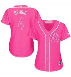 Women's Majestic New York Yankees #4 Lou Gehrig Replica Pink Fashion Cool Base MLB Jersey