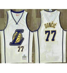 Men's Los Angeles Lakers #77 Luka Doncic Cream Throwback Swingman Jersey