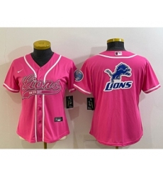 Women's Detroit Lions Pink Team Big Logo With Patch Cool Base Stitched Baseball Jersey