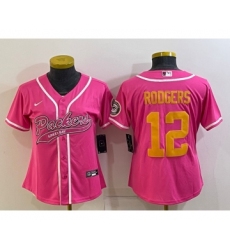 Women's Green Bay Packers #12 Aaron Rodgers Pink Gold With Patch Cool Base Stitched Baseball Jersey
