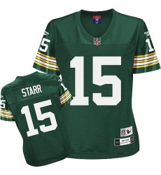 Reebok Green Bay Packers #15 Bart Starr Green Women's Throwback Team Color Premier EQT NFL Jersey