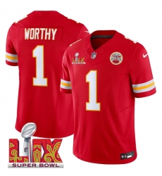 Men's Kansas City Chiefs #1 Xavier Worthy Red 2025 Super Bowl LIX F.U.S.E. Vapor Limited Stitched Football Jersey