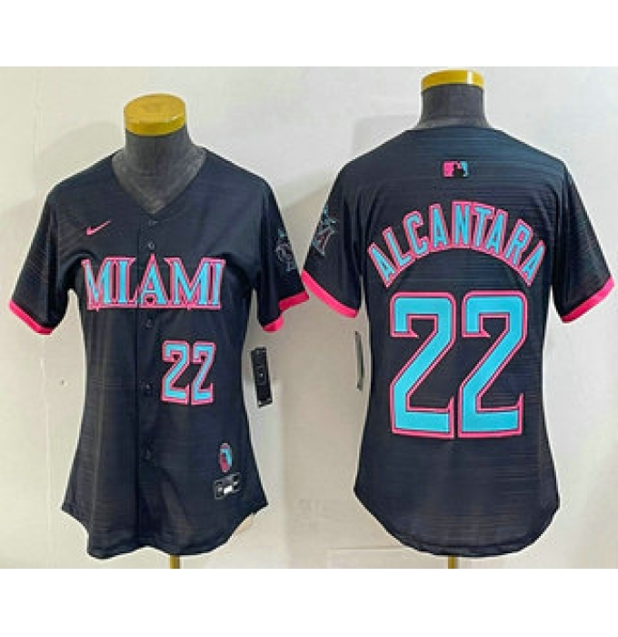 Women's Miami Marlins #22 Sandy Alcantara Number Black 2025 City Connect Limited Stitched Jersey