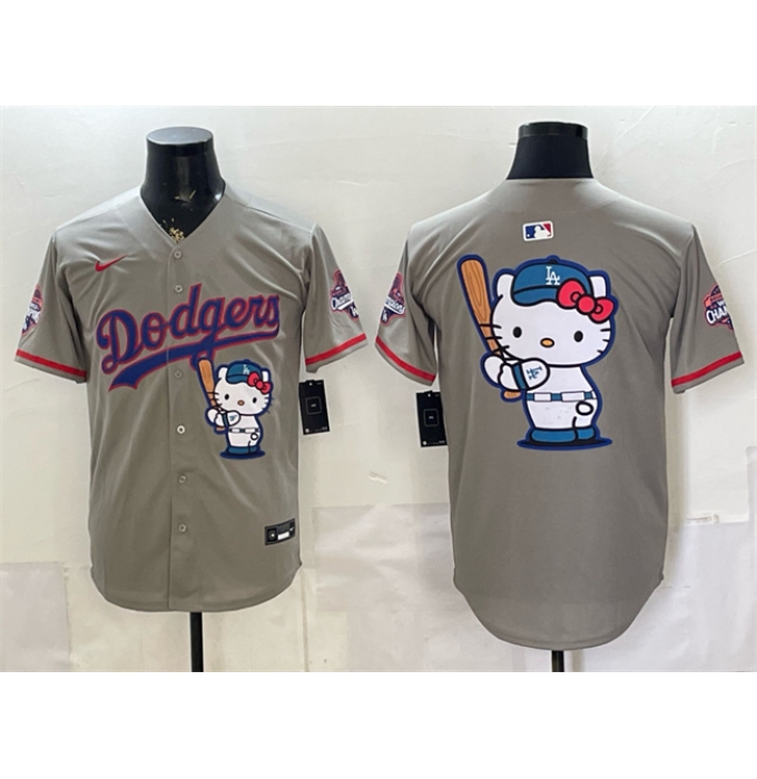 Men's Los Angeles Dodgers Team Big Logo Grey Hello Kitty Night 2025 World Series Champions Stitched Baseball Jersey