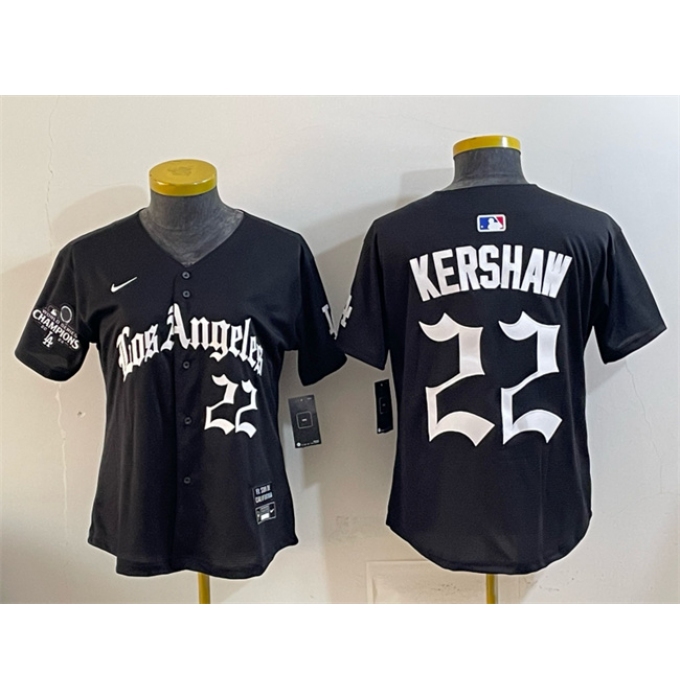 Youth Los Angeles Dodgers #22 Clayton Kershaw Black 2025 World Series Champions LA Gothic Edition Limited Stitched Baseball Jersey